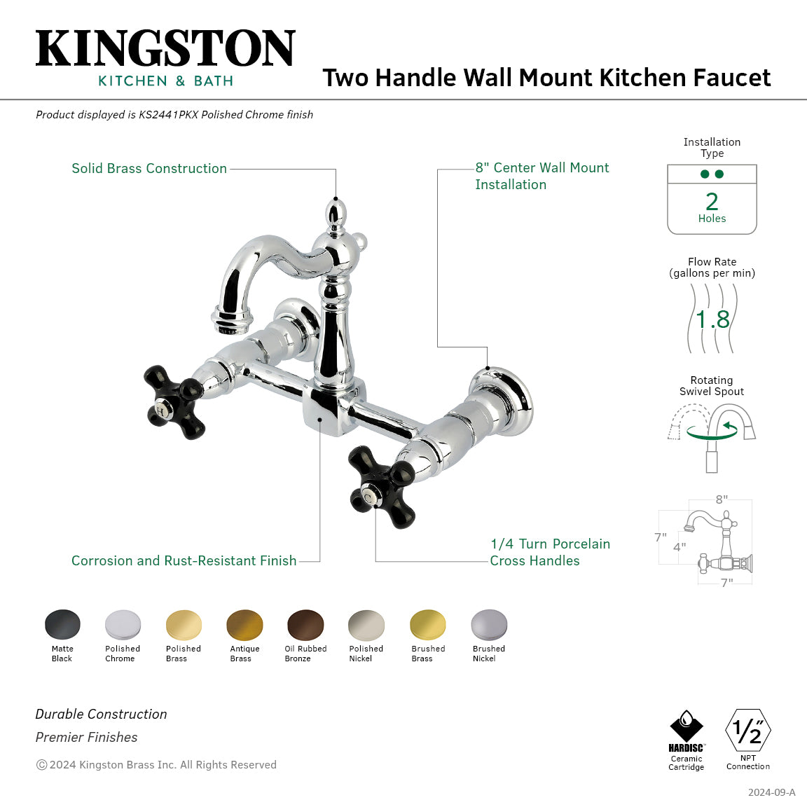 Kingston Heirloom KS2448PKX - Duchess Two-Handle 2-Hole Wall Mount Bridge Kitchen Faucet, Brushed Nickel — thumbnail 2